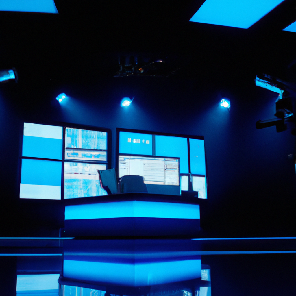 Modern broadcast news anchor desk with LED blue backdrop in Vancouver studio
