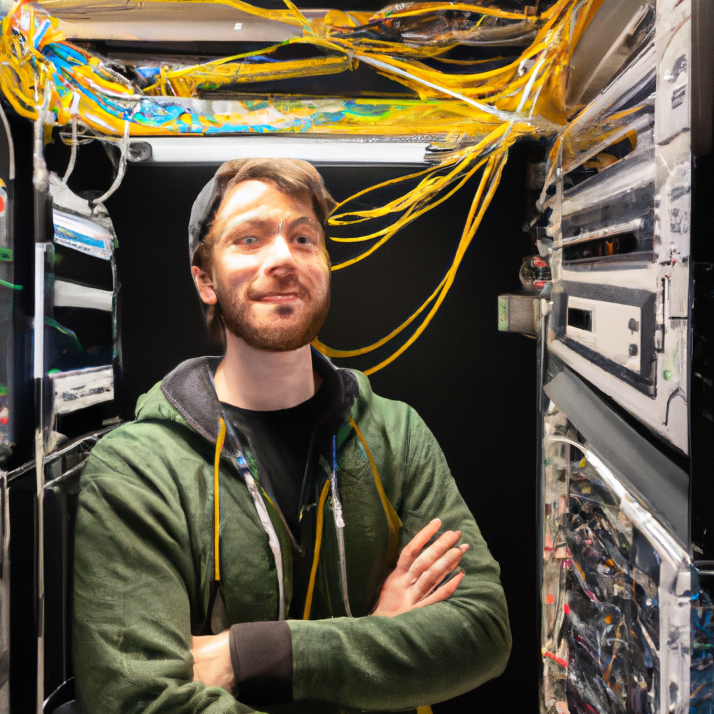 Portrait of Liam Martin, Broadcast Systems engineer, with IP router racks and fiber patch panels