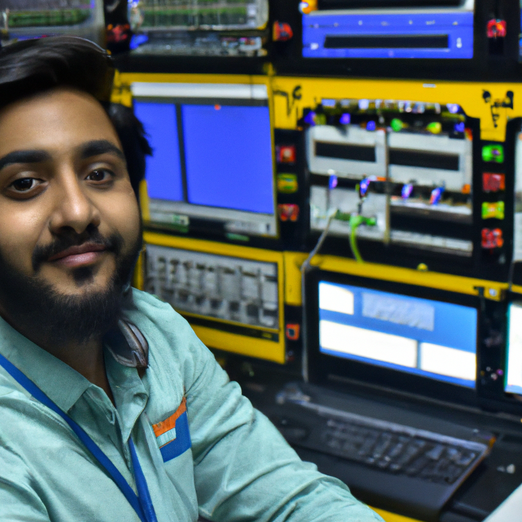 Portrait of Noah Patel, Head of Engineering, in a control room with switcher panels